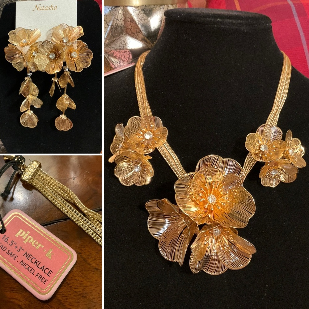 PIPER-K 3D Floral Necklace Set Earrings + Necklace Delicate Feminine  Gold Tone